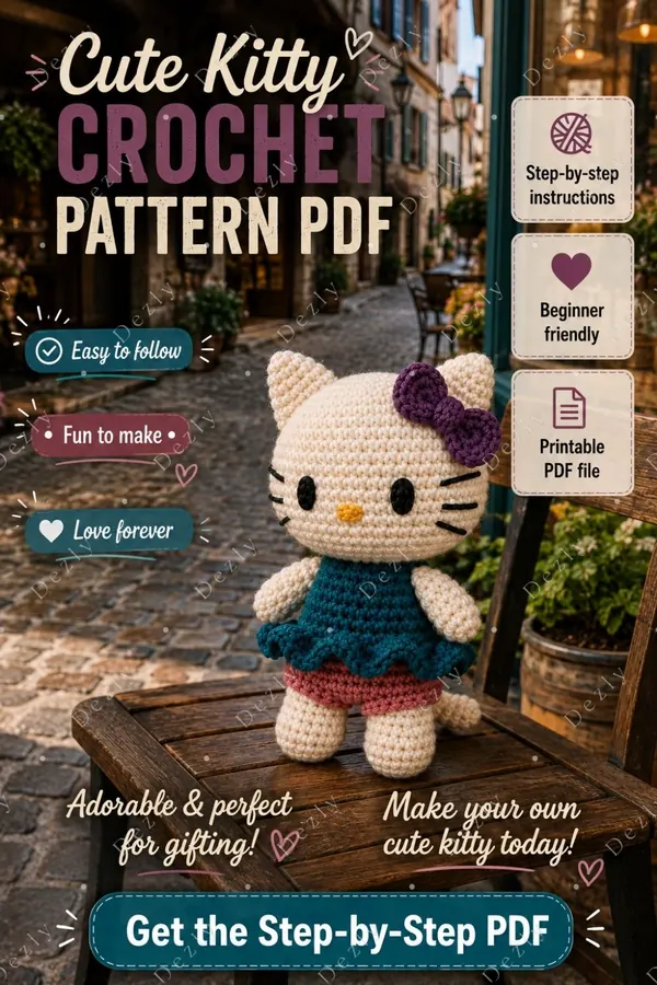 Pinterest graphic featuring a cream crocheted kitty doll on a cozy street backdrop.