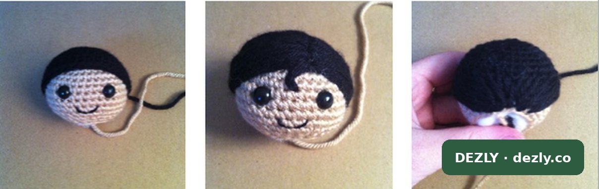 Tres vistas de la cabeza con el gorro de pelo negro colocado: frontal, de tres cuartos y desde arriba.