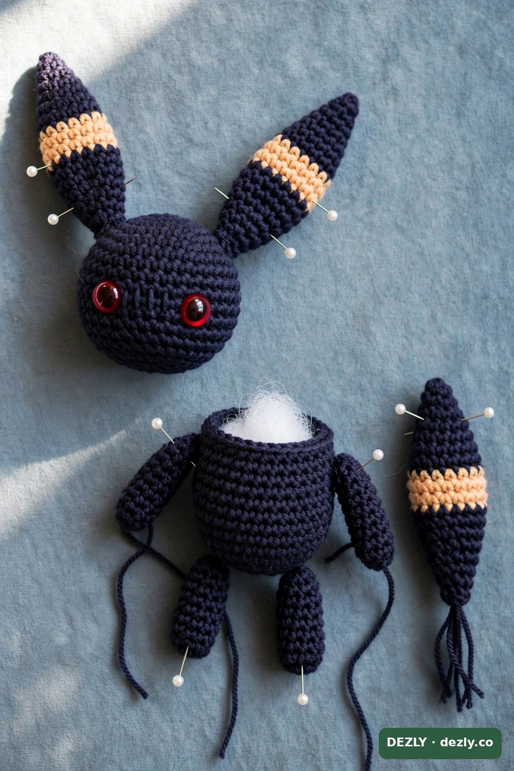 Piezas del amigurumi sujetas con alfileres y con los ojos rojos ya colocados; la cabeza separada y el relleno visible dentro del cuerpo.