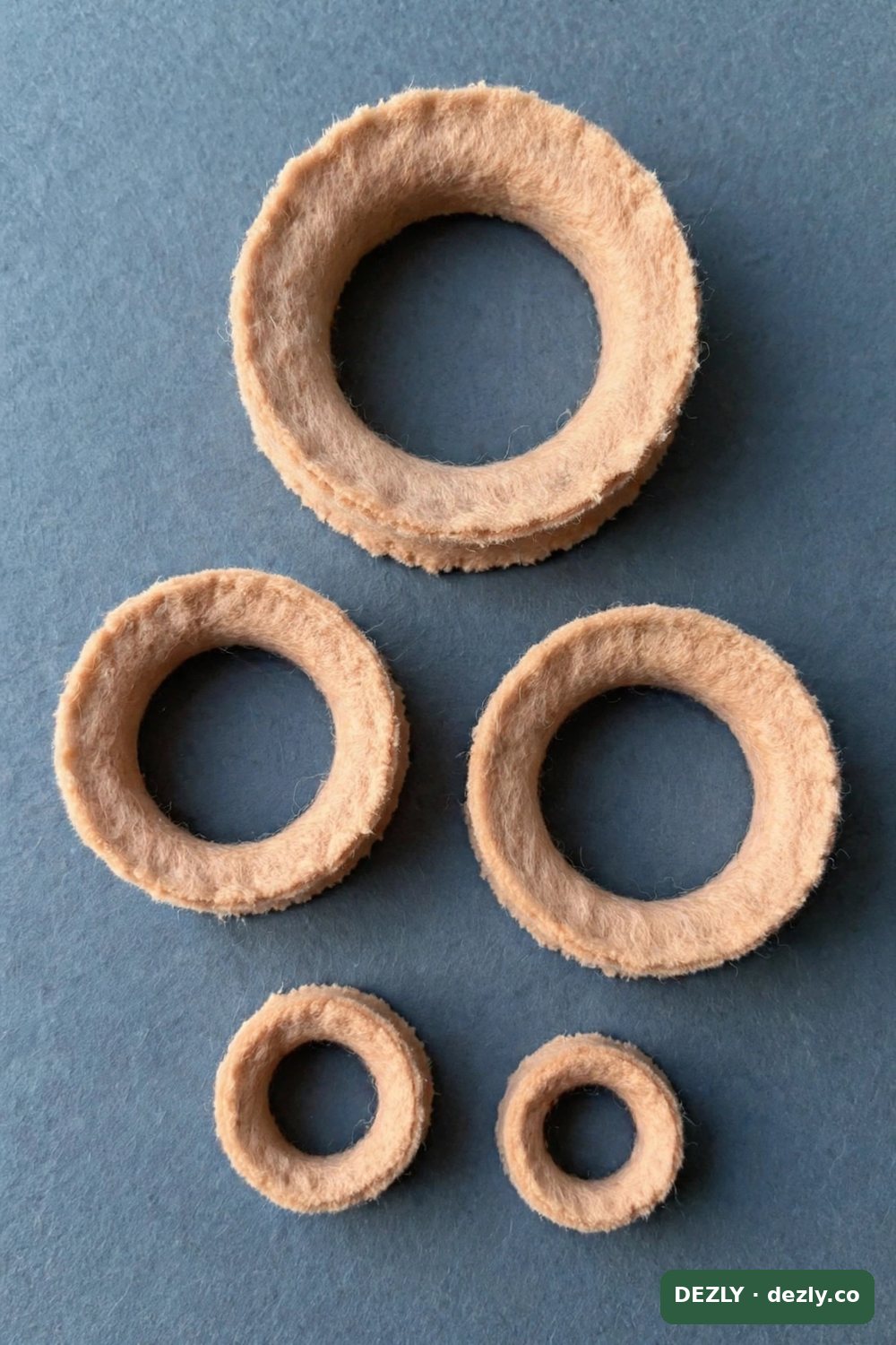 Cinco anillos huecos de fieltro: un anillo grande para la frente, dos medianos para las piernas y dos pequeños para los brazos.