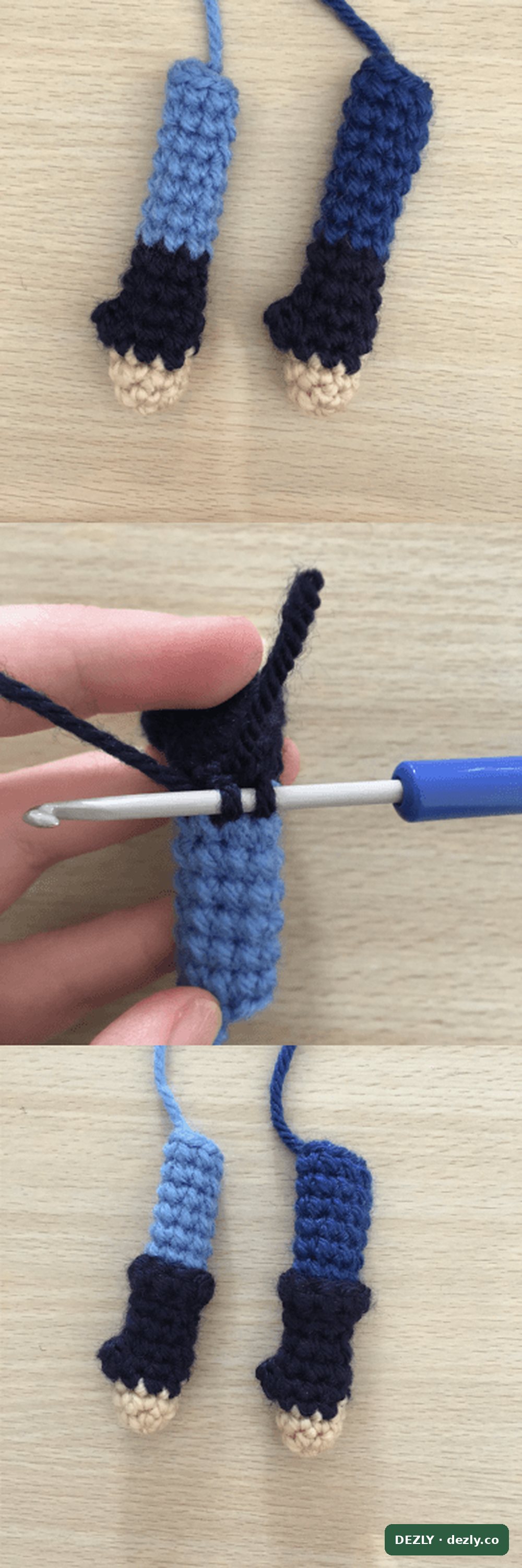 Tres paneles que muestran el par de brazos con manos beige y secciones azul marino, los puntos recogidos alrededor del brazo para la banda azul marino, y los dos brazos terminados, azul claro y azul.