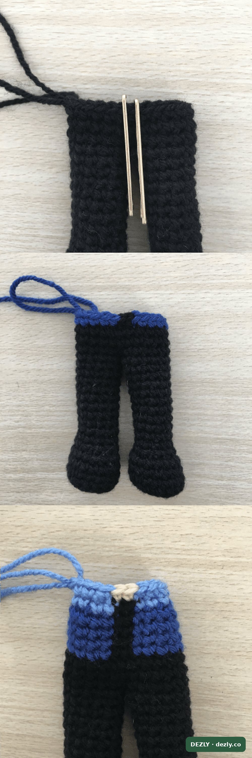 Tres paneles que muestran el cuerpo tomando forma: las piernas negras unidas con pasadores en la unión, las primeras vueltas azules sobre las piernas, y las vueltas azul claro con los puntos beige centrales apareciendo.