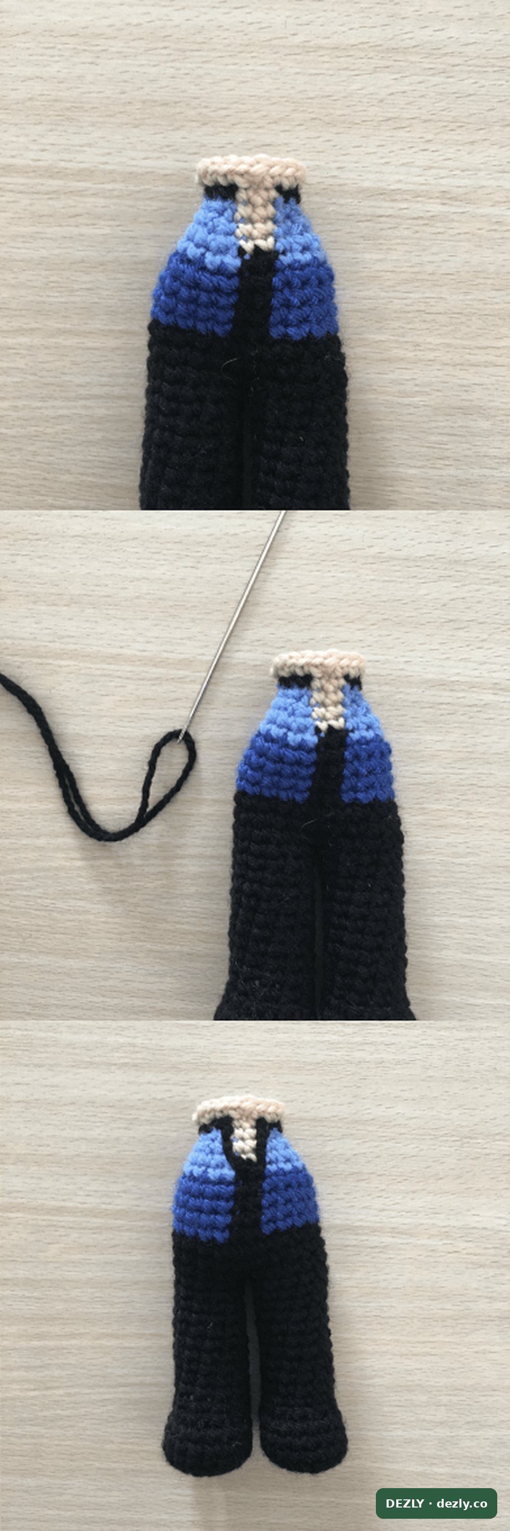 Tres paneles que muestran el cuerpo terminado: la columna beige central sobre los puntos negros, la línea negra del pecho bordada con una aguja, y el cuerpo completo con sus piernas.