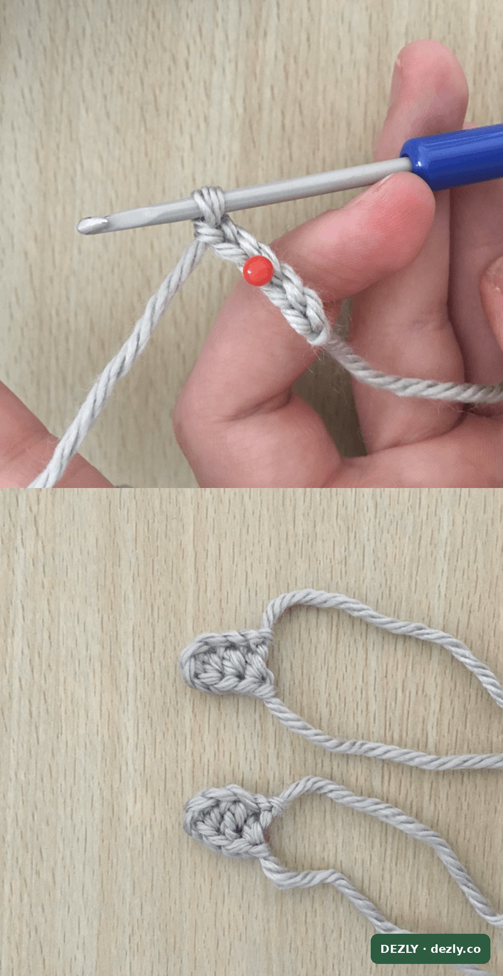 Dos paneles que muestran una pequeña hombrera plateada tejiéndose con el ganchillo, y las dos hombreras plateadas terminadas con sus largas hebras.