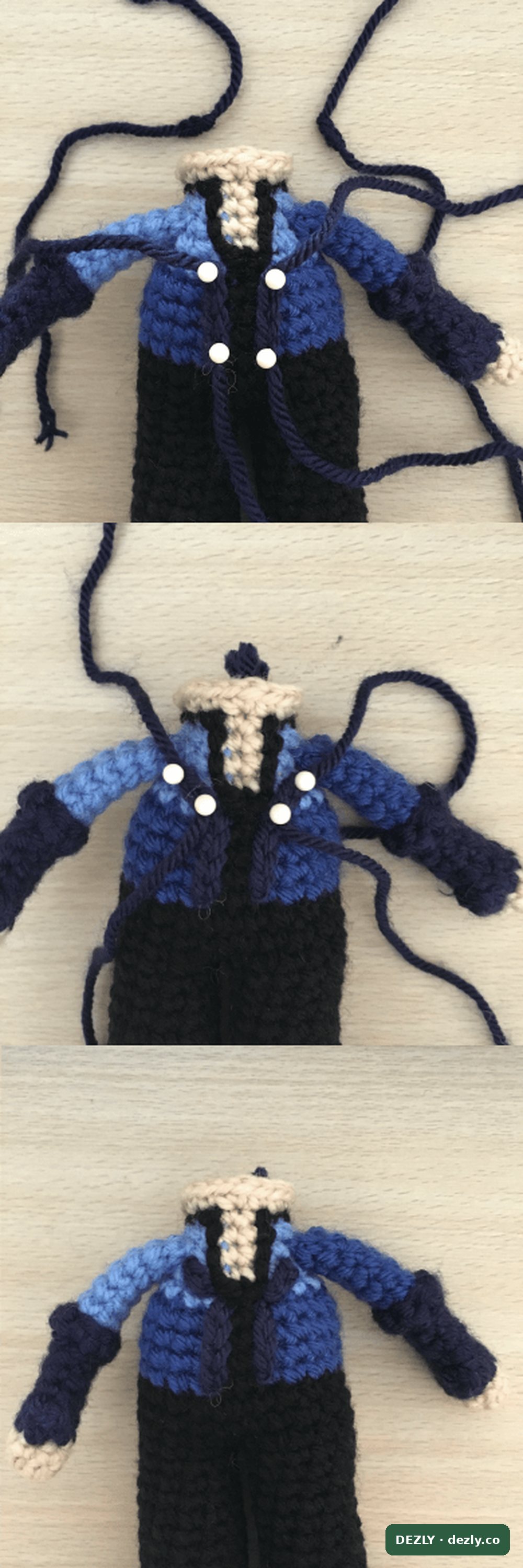 Tres paneles que muestran las cadenas del cuello azul marino sujetas con alfileres de cabeza blanca a lo largo del borde de la chaqueta, y las cadenas cosidas en el cuerpo terminado.